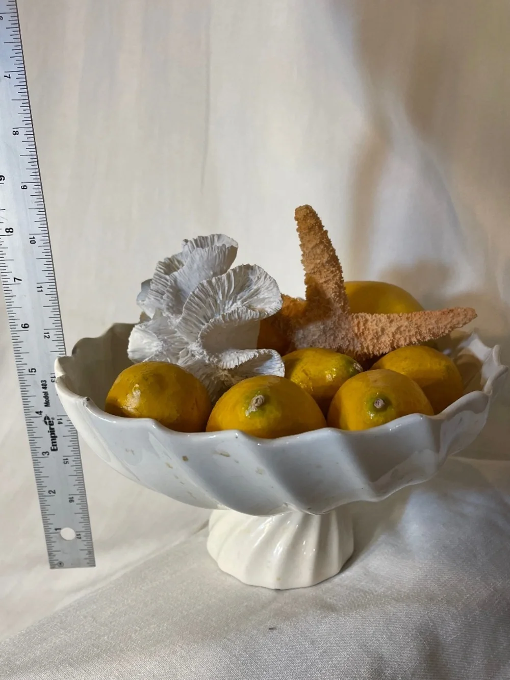 White Ceramic Pedestal Bowl with Yellow Lemons and Coral Accents